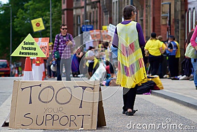 A 'Honk for Support' Sign During An Anti-Fracking Protest Editorial Stock Photo