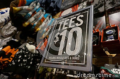 Black Friday Only Tees $10 includes Muscle Tees and Tanks Sign inside Hot Topic Editorial Stock Photo