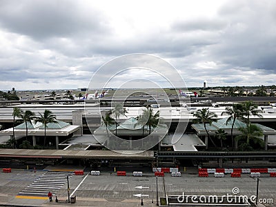 Aerial view of planes, terminal, and Roads leading into Airport Editorial Stock Photo