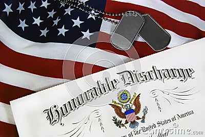 Honorable discharge paper on flag Stock Photo