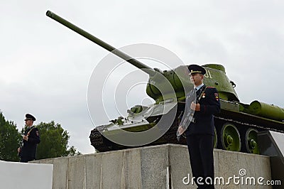 Honor guard at the monument to the defenders of the Borodino field in 1941. Editorial Stock Photo