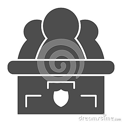 Honorable jury solid icon. Three figures in compartment, acting as a judgment. Jurisprudence vector design concept Vector Illustration