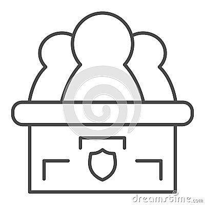 Honorable jury thin line icon. Three figures in compartment, acting as a judgment. Jurisprudence vector design concept Vector Illustration