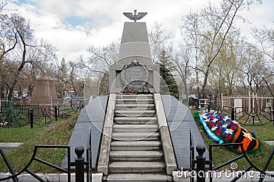 Honorary monument to the pilots who crashed on airplanes during WWII at the oldest Troitsk cemetery 1842 in the city of Krasnoy Stock Photo