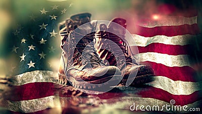 Honoring Our Heroes: 4th of July and Veterans Day Tribute with American Flag and Military Boots Background Stock Photo