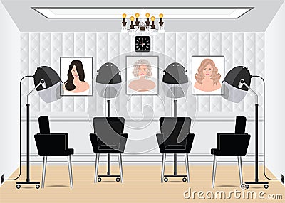 Hood hair dryer in beauty salon with poster hair style in salon Vector Illustration