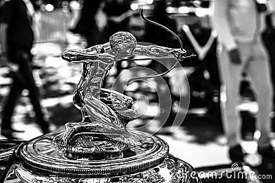 Hood ornament of the luxury car Pierce-Arrow, 1933. Black and white. Editorial Stock Photo
