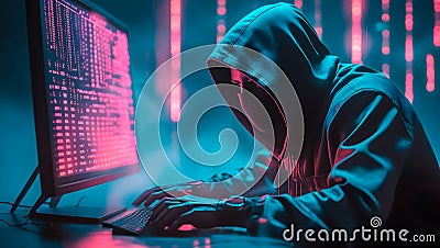 Cyber Attack Hacker intensely focused on a futuristic computer screen Stock Photo