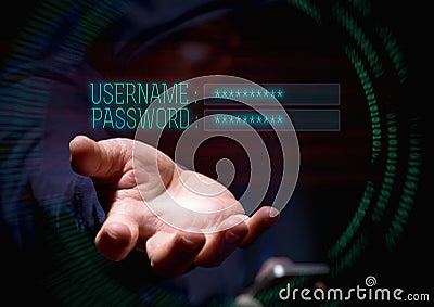 Hooded cyber crime hacker using mobile phone and internet hacking in to cyberspace for username and password,online personal data Stock Photo
