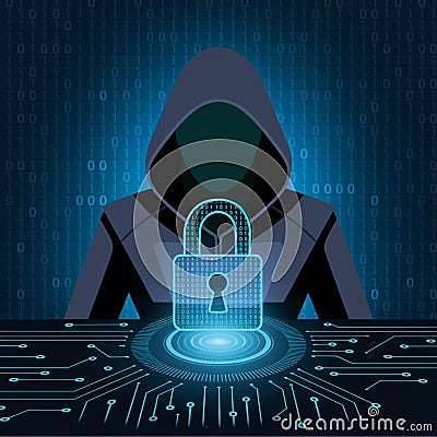 Hooded figure with binary code and holographic padlock, emphasizing data protection Stock Photo