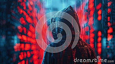 A hooded figure stands amidst a digital environment with matrix-style data streams cascading in the background. Stock Photo