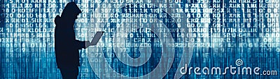 A hooded hacker figure hacking data servers and laptops on the internet Cartoon Illustration