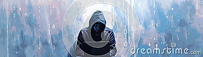 A hooded hacker figure hacking data servers and laptops on the internet Cartoon Illustration