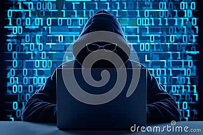 Hooded hacker silhouette with binary code, suggesting cyber threat environment Stock Photo