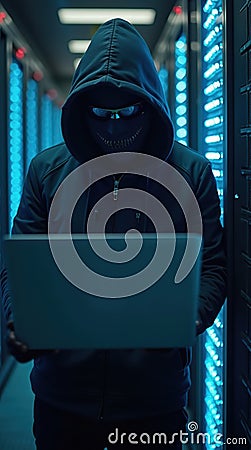 Hooded hacker stealing data from a secure server room Stock Photo