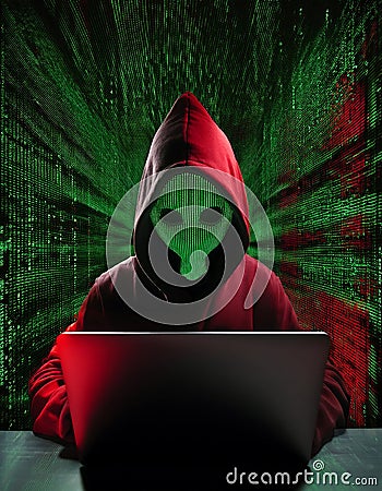 A hooded hacker working on a laptop with a red screen, surrounded by green binary code Stock Photo