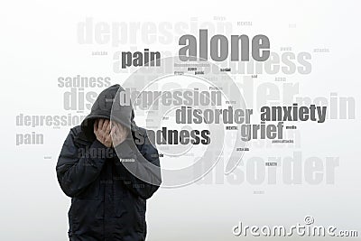A hooded man holding his head in his hands. With a word cloud of mental health issues. On a plain white background Stock Photo