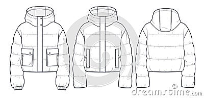 Hooded Puffer Jacket technical fashion Illustration. Vector Illustration