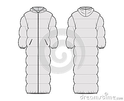 Hooded puffer quilted shell down coat jacket technical fashion illustration with long sleeves, zip-up closure, oversized Vector Illustration