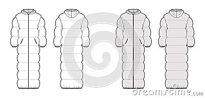 Hooded puffer quilted shell down coat jacket technical fashion illustration with long sleeves, zip-up closure, oversized Vector Illustration
