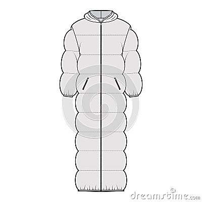 Hooded puffer quilted shell down coat jacket technical fashion illustration with long sleeves, zip-up closure, oversized Vector Illustration