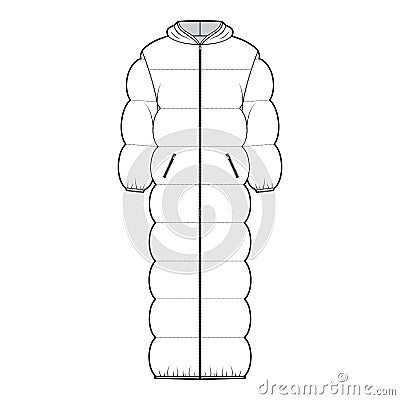 Hooded puffer quilted shell down coat jacket technical fashion illustration with long sleeves, zip-up closure, oversized Vector Illustration