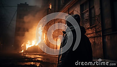 A hooded shirt wearing burglar walks in fear, disguised in mask generated by AI Stock Photo