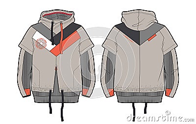 Hooded sports jacket with contrast details and elements cut of airy mesh Vector Illustration