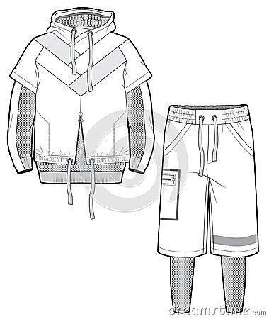 Hooded sports jacket with elements cut of airy mesh and two-in-one long shorts. Vector Illustration