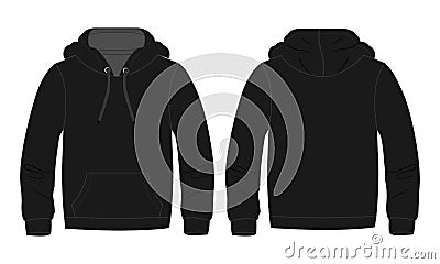 Hoodie. Technical fashion flat sketch Vector Black Color template. Vector Illustration