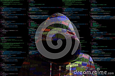 Hoody hacker cybersecurity colored computer code information sec Stock Photo