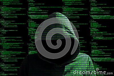 Hoody hacker cybersecurity green matrix information security con Stock Photo