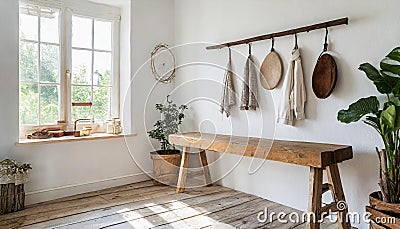 Hook wall mounted coat rack above wooden bench. Rustic country, farmhouse interior design of modern entryway Stock Photo