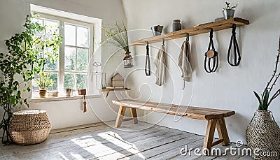 Hook wall mounted coat rack above wooden bench. Rustic country, farmhouse interior design of modern entryway Stock Photo