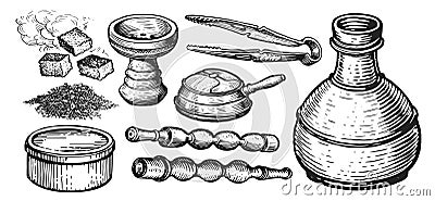 Hookah accessories sketch. Shisha, nargile, kaloud, tongs, charcoal, smoking tobacco. Hand drawn vintage illustration Cartoon Illustration