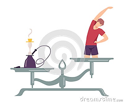 Hookah is on One Side of Scale, Exercising Man on the Other, Scales with Bad and Good Habits, Choosing Between Healthy Vector Illustration