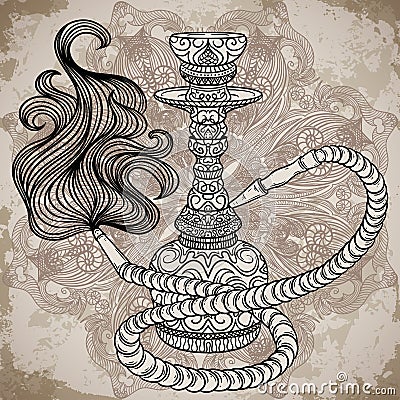 Hookah with oriental ornament and smoke over ornate mandala on aged paper background Vector Illustration