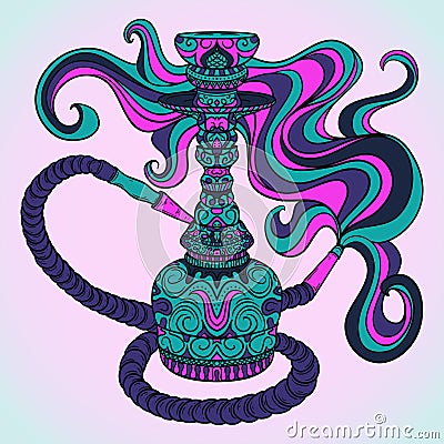 Hookah with oriental ornament and smoke.Vintage colorful vector Vector Illustration