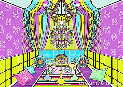 Hookah room ornate decorated in oriental style, cartoon drawing, vector illustration. Bright colorful room with sofa with pillows, Vector Illustration