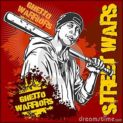 Hooligan with baseball bat. Ghetto Warriors. Gangster on dirty graffiti background. Vector Illustration