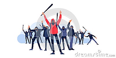 Hooligans with a bat and a Molotov cocktail attack and fight during riots on the street city. Protesters throw stones Vector Illustration