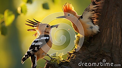 Hoopoe's Circle of Life. Capturing the Moment of Parental Feeding and Fledgling Growth Stock Photo