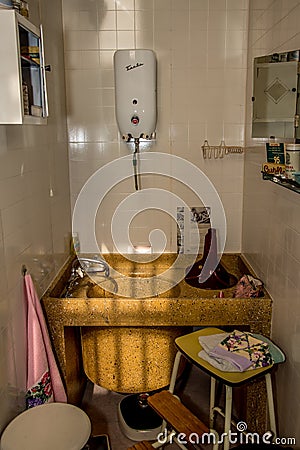 Hoorn, Nederland, March 2022. An old-fashioned bathroom of a 1950s Dutch home. Editorial Stock Photo