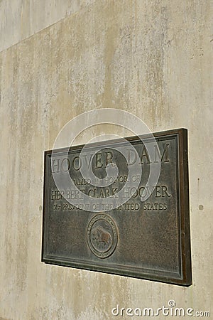 Hoover Dam bronze plaque honoring Herbert Clark Hoover, Arizona, Nevada Editorial Stock Photo