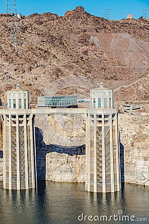 Hoover Dam, the largest water reservoir in the US is now barely a third full. Drought is dropping water level to a histotically Editorial Stock Photo