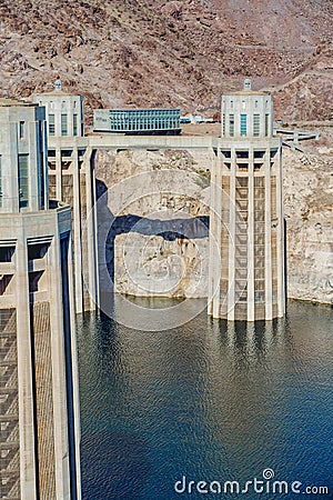 Hoover Dam, the largest water reservoir in the US is now barely a third full. Drought is dropping water level to a histotically Editorial Stock Photo