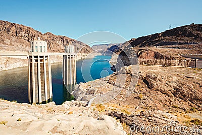 Hoover Dam, the largest water reservoir in the US is now barely a third full. Drought is dropping water level to a histotically Editorial Stock Photo