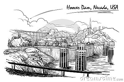 Hoover Dam stunning panoramic view. Black and white linear hand drawing. Sketch style. Vector Illustration