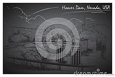 Hoover Dam stunning panoramic view. Black and white linear hand drawing. Sketch style. Vector Illustration