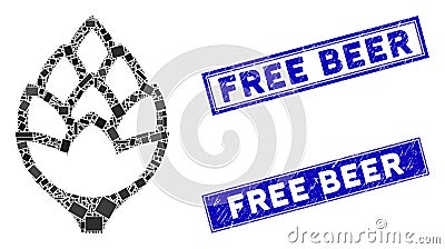 Hop Bud Mosaic and Grunge Rectangle Free Beer Seals Vector Illustration